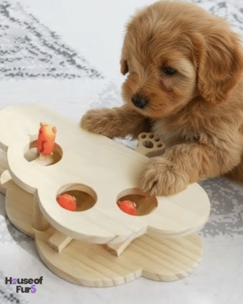 Cat playing with wooden whack a mole toy indoors