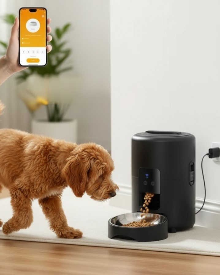 dog eating from an automatic pet feeder