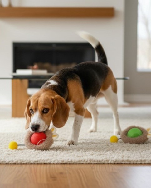 indoor dog playing with interactive ball and ball launcher to release energy