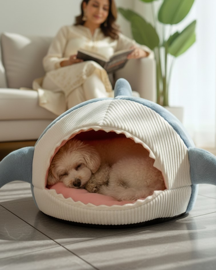 dog and cat sleeping inside the whale bed