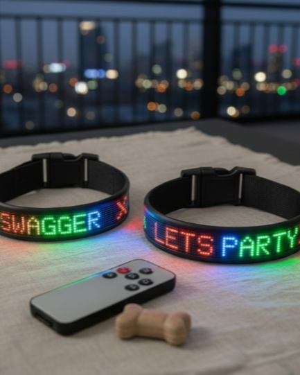 pet collar that has LED and displays any messages, animation, gif, etc by connecting on the phone app